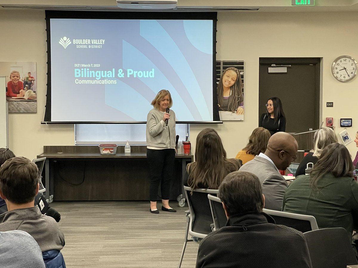 BVSDcolorado's tweet photo. This morning during our District Leadership Team meeting, our Culturally &amp; Linguistically Diverse Education and Communications departments spoke about Bilingual &amp; Proud, BVSD’s effort to encourage students and parents who speak two languages to see bilingualism as a super power. https://t.co/z8kmaTwZSG
