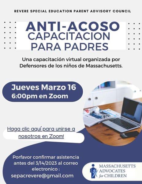 RevereSEPAC's tweet photo. 3/16 Anti-Bullying Parent Training Zoom

Please RSVP by 3/14/2023

rsvp to: sepacrevere@gmail.com

Look forward to seeing everyone.

#sepac #reverema #antibullying https://t.co/lkSsjgVvdr