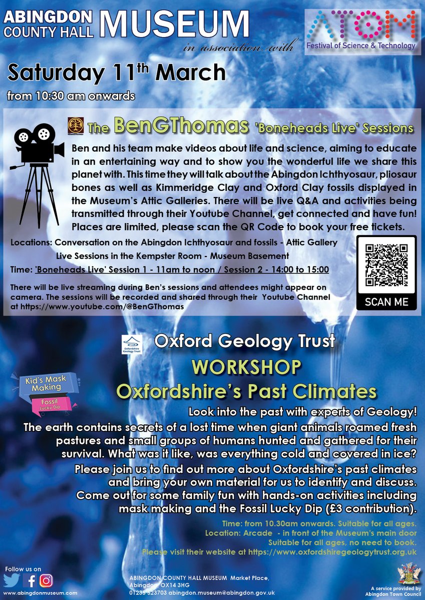 Join us for the ATOM Festival this Saturday 11 March <a href="/AbingdonMuseum/">Abingdon County Hall Museum</a>. Oxford Geology Trust will run a workshop about Oxfordshire’s past climates &amp; the BenGThomas 'Boneheads Live' Sessions will talk about the Abingdon Ichthyosaur and fossils.  
More info ➡️ abingdon.gov.uk/events/list?tr…