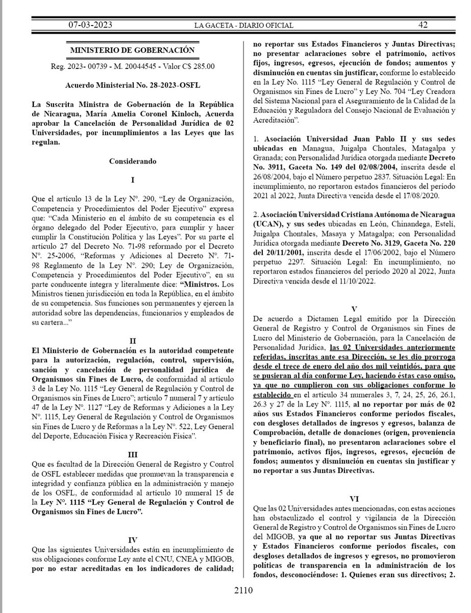 Régimen de #OrtegaMurillo cancela la personería de dos universidades más la UCAN y la Universidad Juan Pablo II. Además canceló a Caritas Nicaragua, Caritas Jinotega  y una organización dedicada a la Lucha contra el Cáncer. #SOSNicaragua
