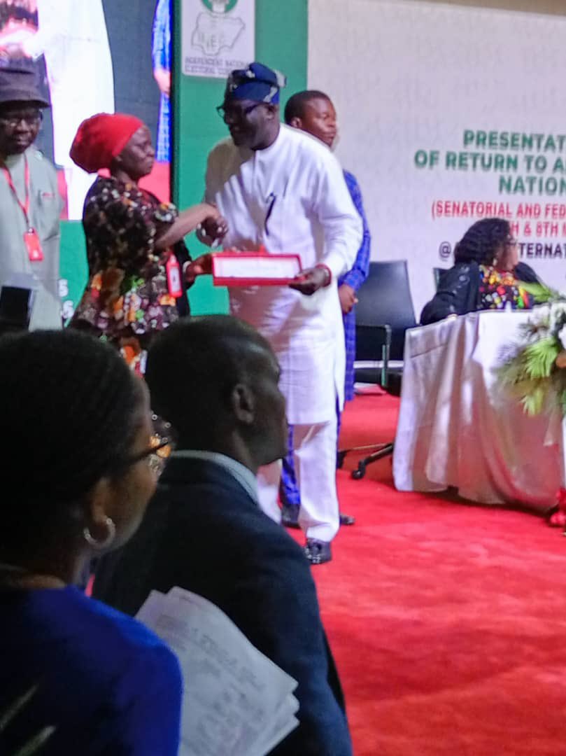 SenNedaImasuen's tweet photo. Today I received my Certificate of Return as the duly elected Senator representing Edo South Senatorial District. This would not have been possible without the people of #EdoSouth who voted and defended their votes. You can rely on me to represent only your interests in the House https://t.co/dw2qSc9ehD