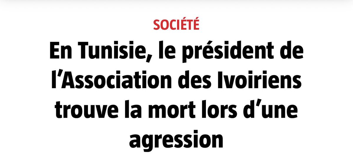 #Tunisie 🇹🇳 Le président de l’Association des Ivoiriens en Tunisie, Falikou Koulibaly, 33 ans, a été victime d’une agression meurtrière alors qu’il rentrait chez lui, dans la zone de la Soukra (banlieue nord de Tunis), en compagnie d’un ami. Il a ensuite été mortellement