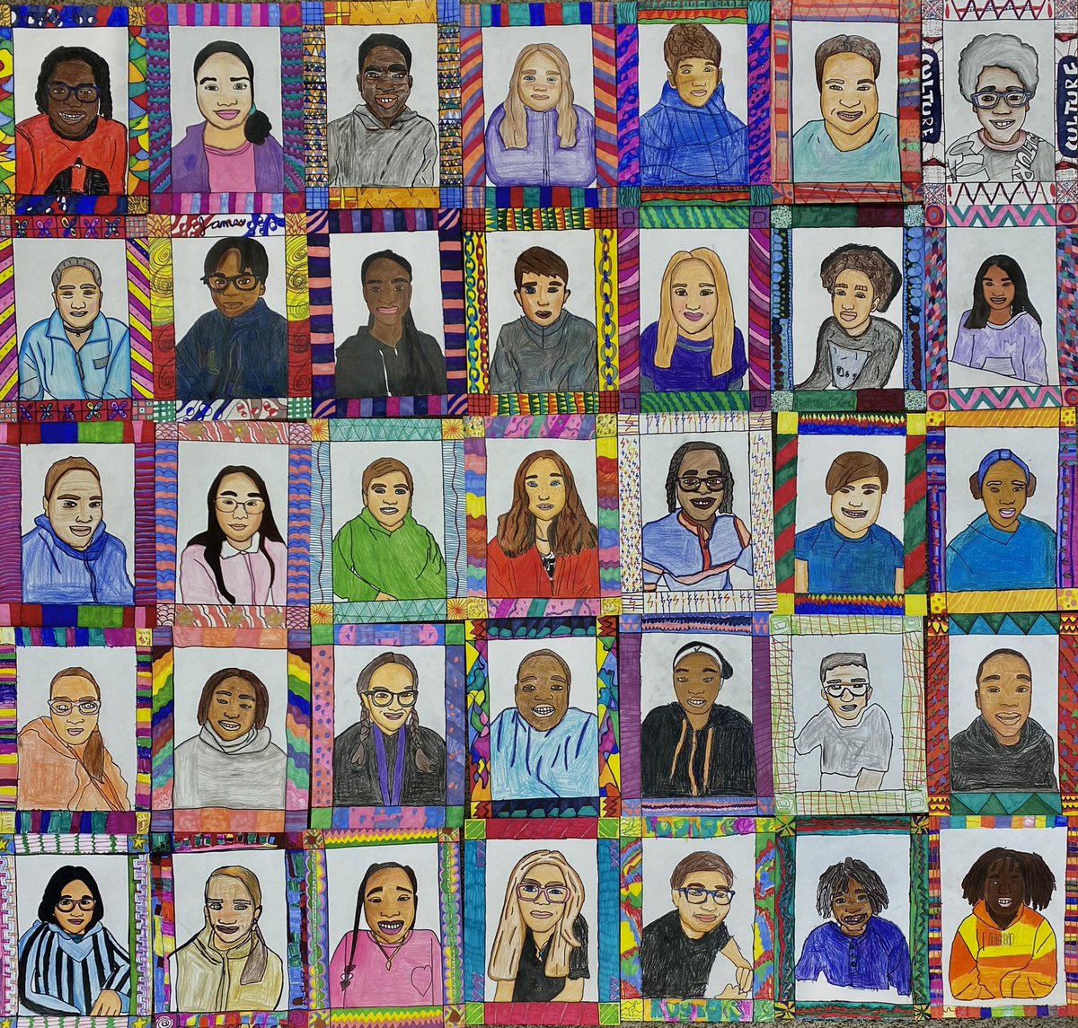 artdudette's tweet photo. My 5th graders are so talented! Check out these self-portraits they created! They look just like them! @JCSouthSchool #southschool #arteducation #artteacher #arted https://t.co/734CCitytY