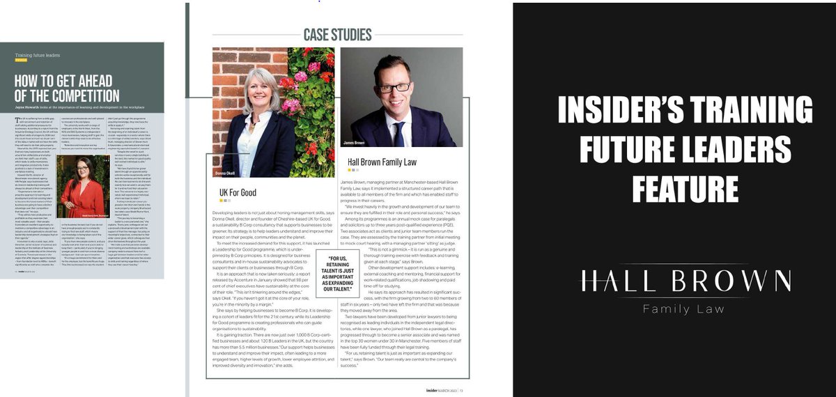 JoMcParland71's tweet photo. Thanks to @insidernwest for featuring us in their article on ‘Training Future Leaders’. Managing Partner James Brown talks about the firm's success, the importance of training/development and retaining talent at @HallBrownLaw. #peoplefirst #familylaw #law #talent #NorthWest https://t.co/fMJoWN9xWN