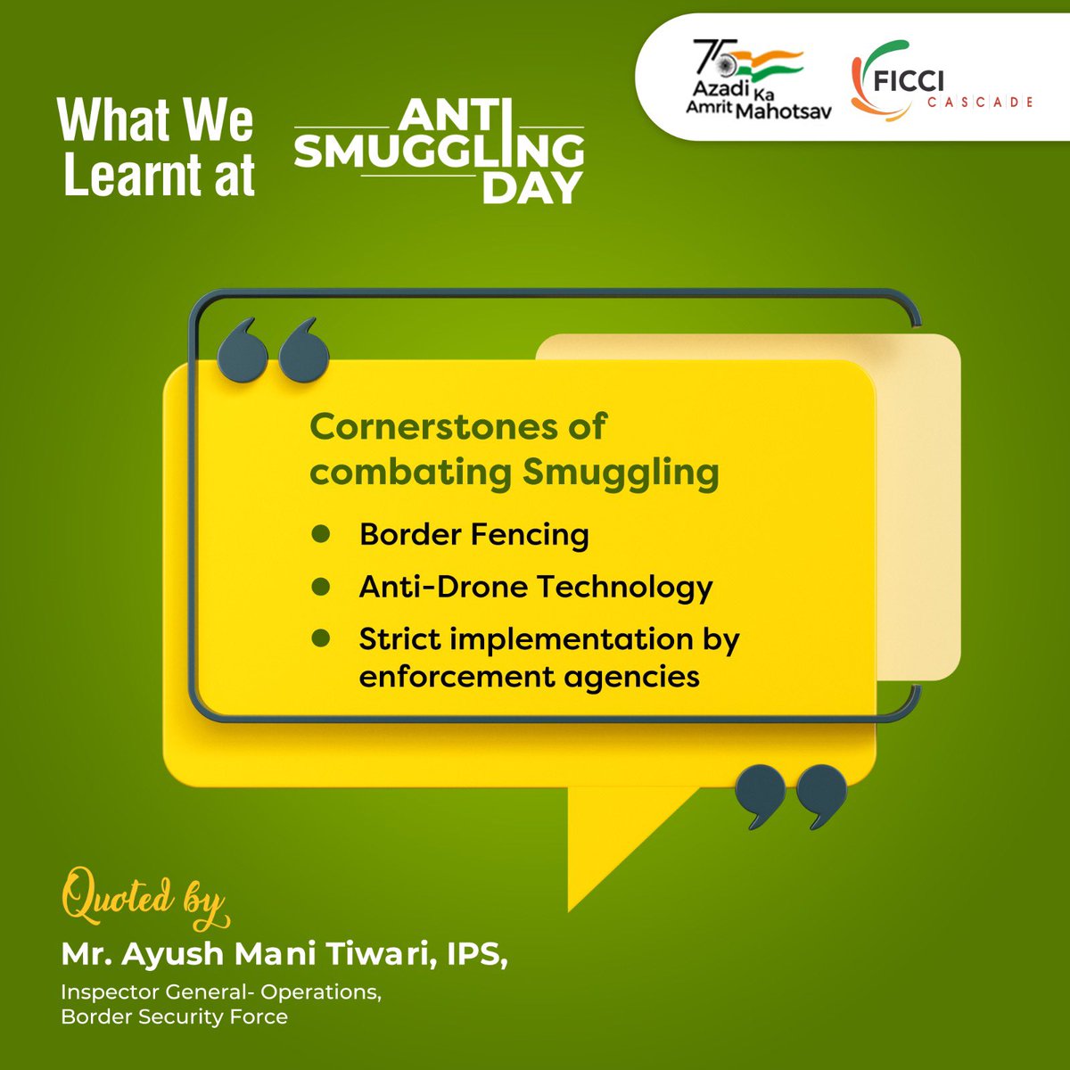 Cascadeglobal's tweet photo. #WhatWeLearnt @ #AntiSmugglingDay 2023

The need of the hour is strong cooperation and coordination among enforcement agencies, for eliminating the havoc of Smuggling from the country. 

Mr. Ayush Mani Tiwari, IPS,
Inspector General- Operations,
@BSF_India 

@PMOIndia @HMOIndia https://t.co/VJ0OKl3krE