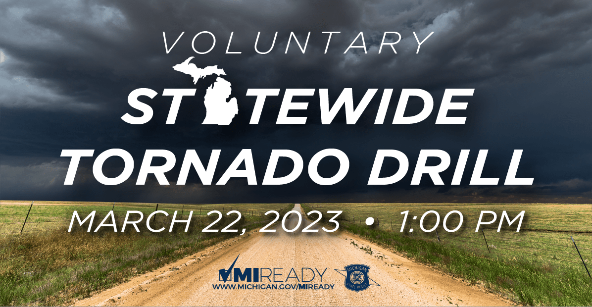 MichEMHS's tweet photo. It's almost spring! This year, March 19-25 is Michigan’s Severe Weather Awareness Week. Use the week as your opportunity to prepare and practice a 
tornado drill. #mitornadodrill #MIREADY #prepare https://t.co/gKbpoXuW1E