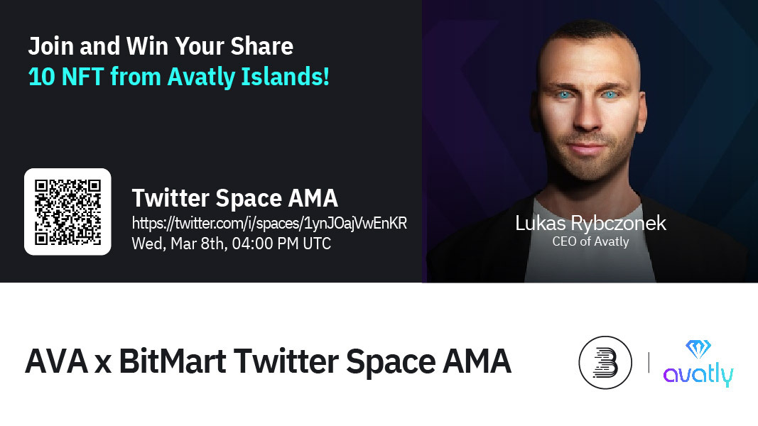 BitMartExchange's tweet photo. 🔈Join @Avatly_com at 04:00 PM UTC on March 8th for $AVA Twitter AMA! We are pleased to have Lukas, the CEO of Avatly!🎉 https://t.co/xY5AOpE8l0