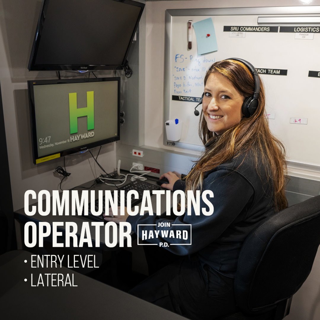 NOW HIRING! Earn up to $10k in bonuses when you apply today as a Communications Operator. To learn more, visit joinhaywardpd.com #JoinHaywardPD #HaywardPD #HaywardCA #HaywardPolice #HaywardPoliceJobs #PoliceJobs