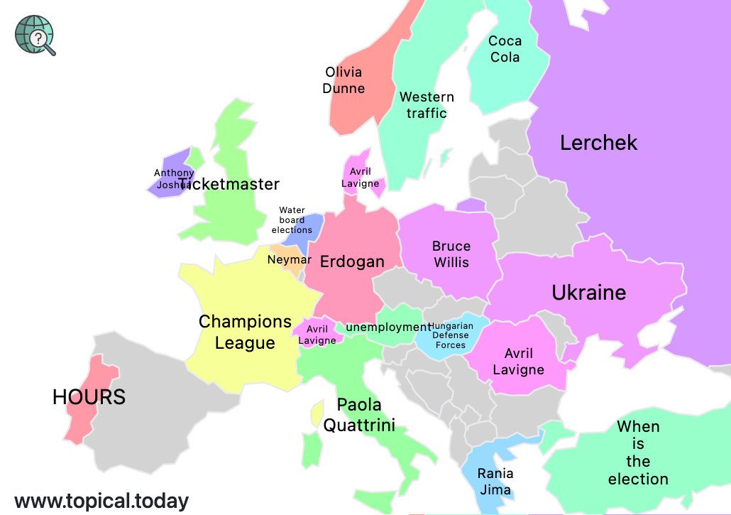 TopicalMaps's tweet image. Top Google Trends in Europe by country today. 

#AvrilLavigne #BrentfordFulham #Neymar #ChelseaDortmund 

More info at topical.today/regions/europe
