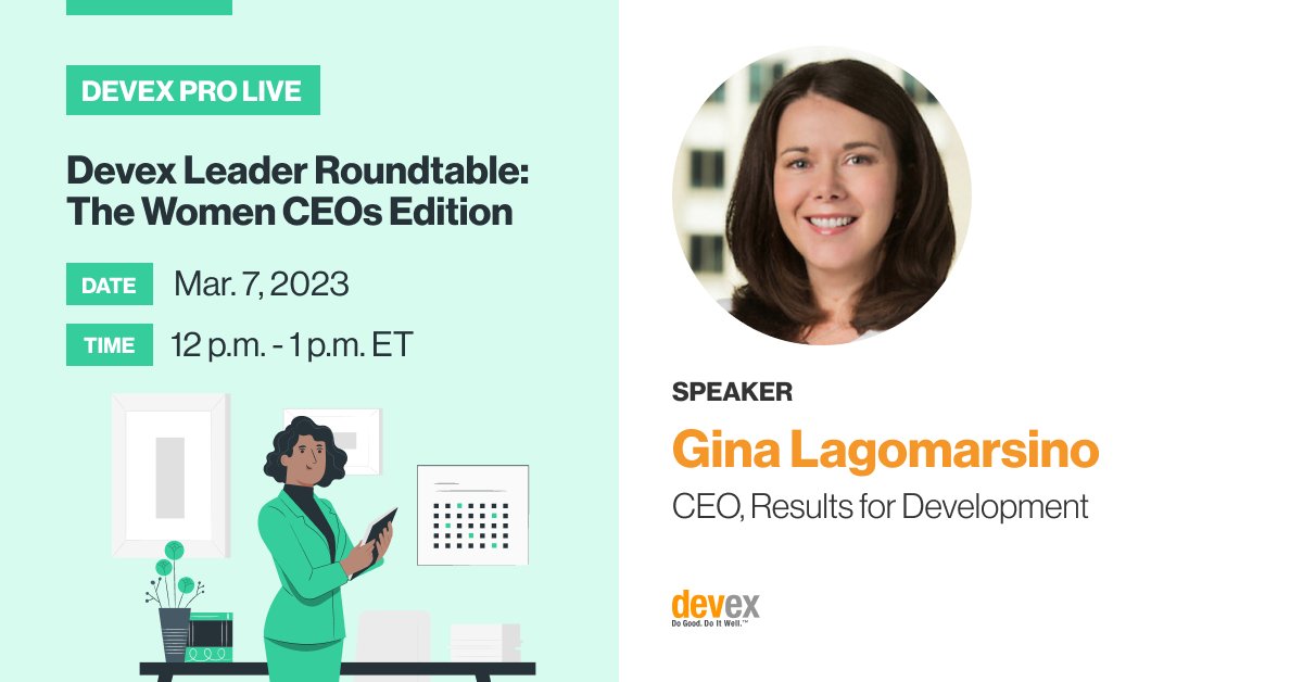 In one hour: Tune in to the ‘Devex Leader Roundtable: The Women CEOs Edition’ event to hear from R4D's @LagomarsinoGina & other CEOs reflect on how localization & DEI has informed their leadership priorities, and more. loom.ly/xE13l6o
#DevexEvent #DevexPro #IWD2023