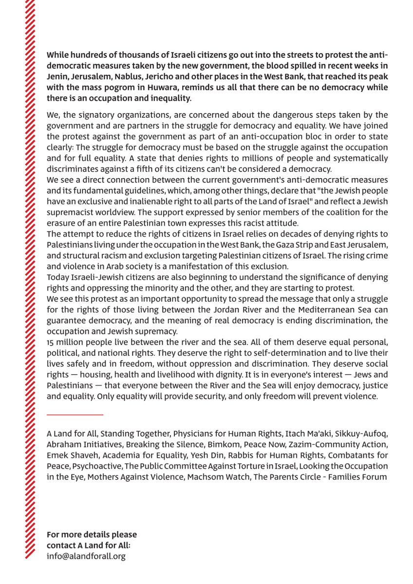 We are proud to be signatories on @2States1Homelan's recent statement. The bereaved Palestinian and Israeli members are a testament that there can be no democracy or lasting peace while there is an occupation and inequality. Read the full statement below.