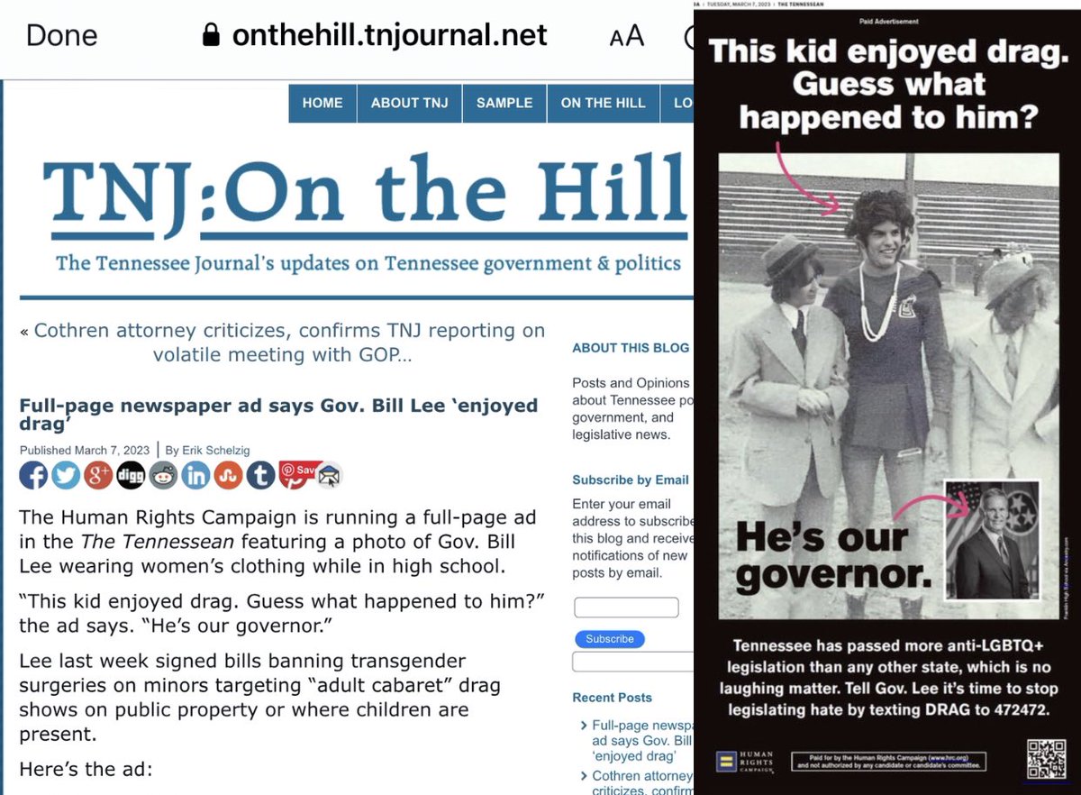 TheTNHoller's tweet photo. Turns out this @GovBillLee #PowderpuffGuv pic is now a FULL PAGE AD in the @Tennessean from @HRC @hrc_nash 👀 #DragShowFelonyBill #DragIsArt
https://t.co/aSNC0I1nkn https://t.co/WffxXxBW2o