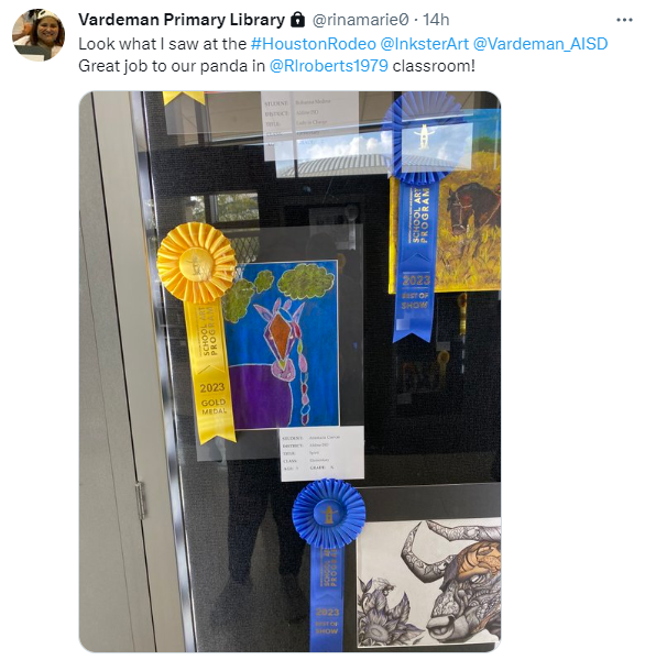 Thank you for sharing @rinamarie0 Our 🐼🎨Sts are doing amazing work! @InksterArt  So excited that 🖼️is showcased at #HLSR2023 with #BestofShow 🏆 #PrimaryRocks  @AldineArt @Vardeman_AISD @orfelinda_todd @patriciarod19 @drgoffney @Primary_AISD #PowerofPrimary