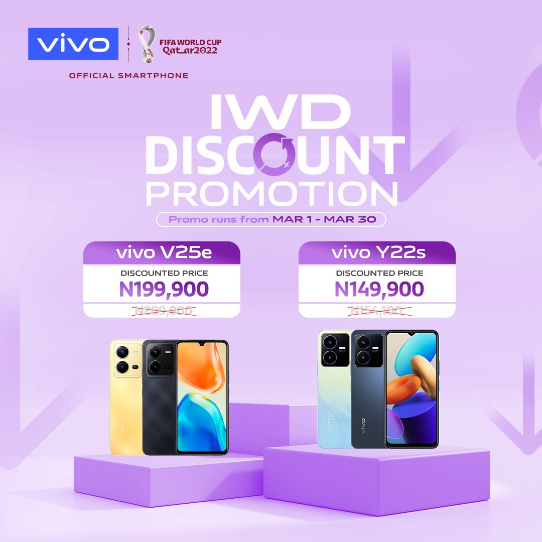 vivo__Nigeria's tweet photo. It’s never to early to start celebrating the International Women’s Day, and we will be offering a price discount promo throughout March to celebrate the event.

Get the #V25e for N199,900 and the #Y22s for N149,900 and you can gift the special women in your life.

#vivo #IWD https://t.co/CmE8gNzcFU