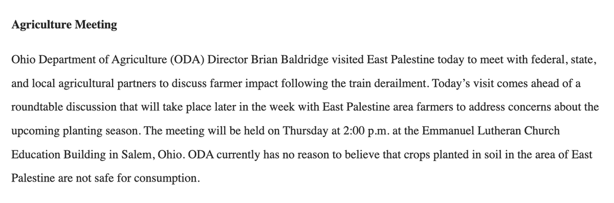 Tucked into the governor's daily East Palestine briefing is info about a meeting the Ohio Dept of Ag is having with local farmers this Thursday at 2 p.m. at Emmanuel Lutheran Church Education Building in Salem, Ohio.

So if you want to talk directly to ODA, here's your chance.