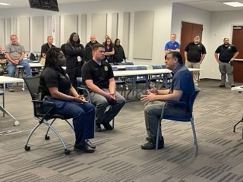 Special Agent Dino Balos (right) leads 2 detectives through a 'Strategic Suspect Interview Techniques' training scenario Mar. 2 in Savannah.
More than 50 crime gun & gang unit investigators from across the country attended the seminar, which Balos has taught since 2021. #WeAreATF
