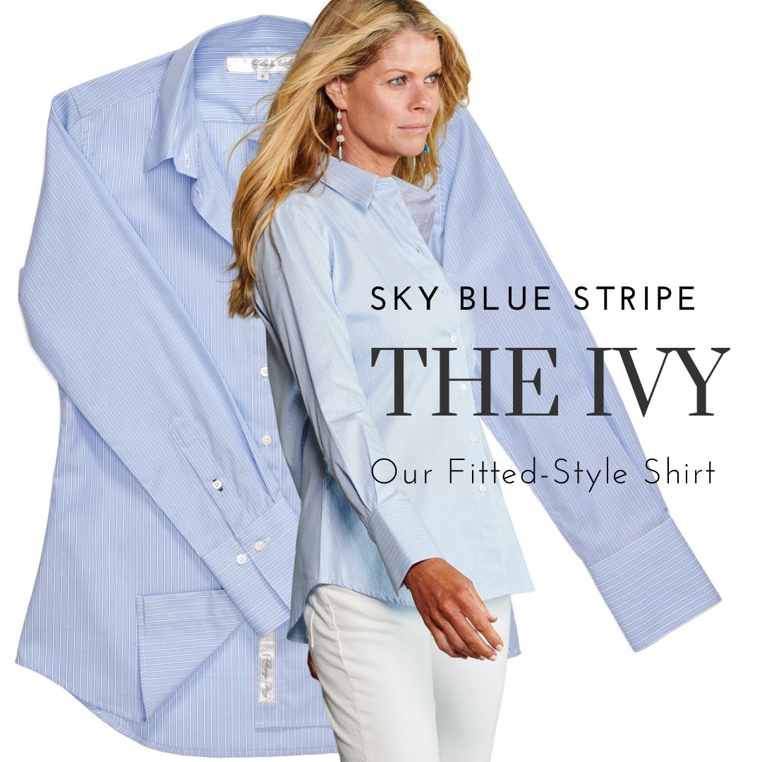 Our fitted-style shirt, The Ivy in back in blue this season. A pretty stripe we call sky blue. Available in sizes xs to xl. #fittedshirtsforwomen