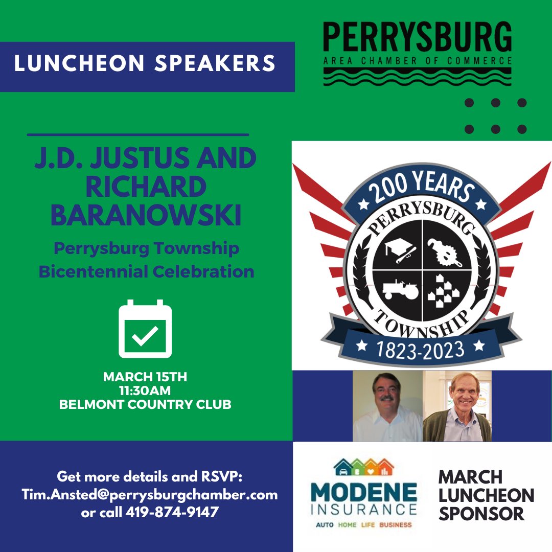 Pburg_Chamber's tweet photo. MEMBER ALERT: RSVP for our March Luncheon soon! We’ll learn about the upcoming Bicentennial Celebration for Perrysburg Township!! Hope to see a lot of members on March 15th! https://t.co/SbSgru9DWc