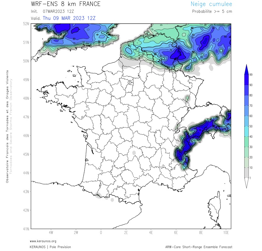 La prévision de #neige sur le #NordPasdeCalais reste incertaine avec proba de couche > 5 cm plus significative sur les hauteurs du Pas-de-Calais.
Les températures probablement légèrement positives rendent incertaines les quantités attendues dès la nuit prochaine. 