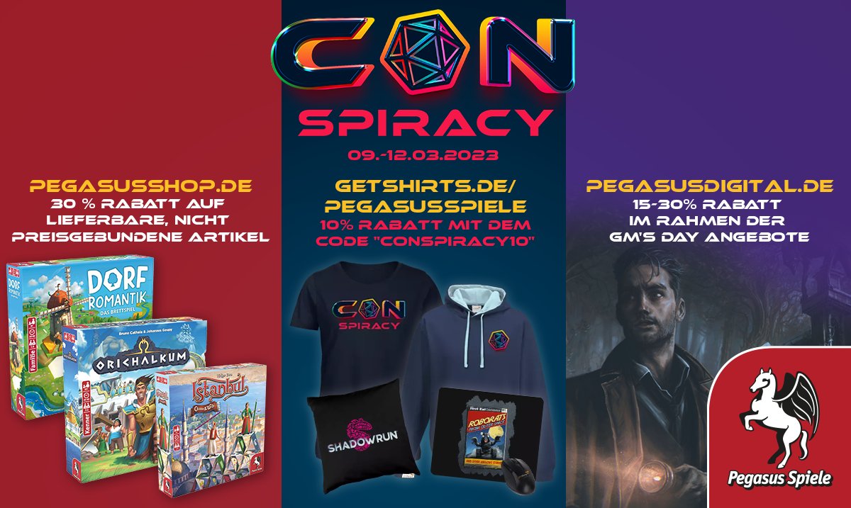 pegasusspiele's tweet photo. Zur #pnpCONspiracy haben wir drei Rabattaktionen für euch!
30% Rabatt auf https://t.co/lMaobp0RVO ( bis 12.03.)
Bis zu 30% Rabatt auf https://t.co/aQCxFnU86R (bis 15.03.)
10% Rabatt auf https://t.co/apNy7ovN5v auf unser Merchandise mit dem Code „conspiracy10“ (bis 12.03.) https://t.co/fLwtLNSgdu