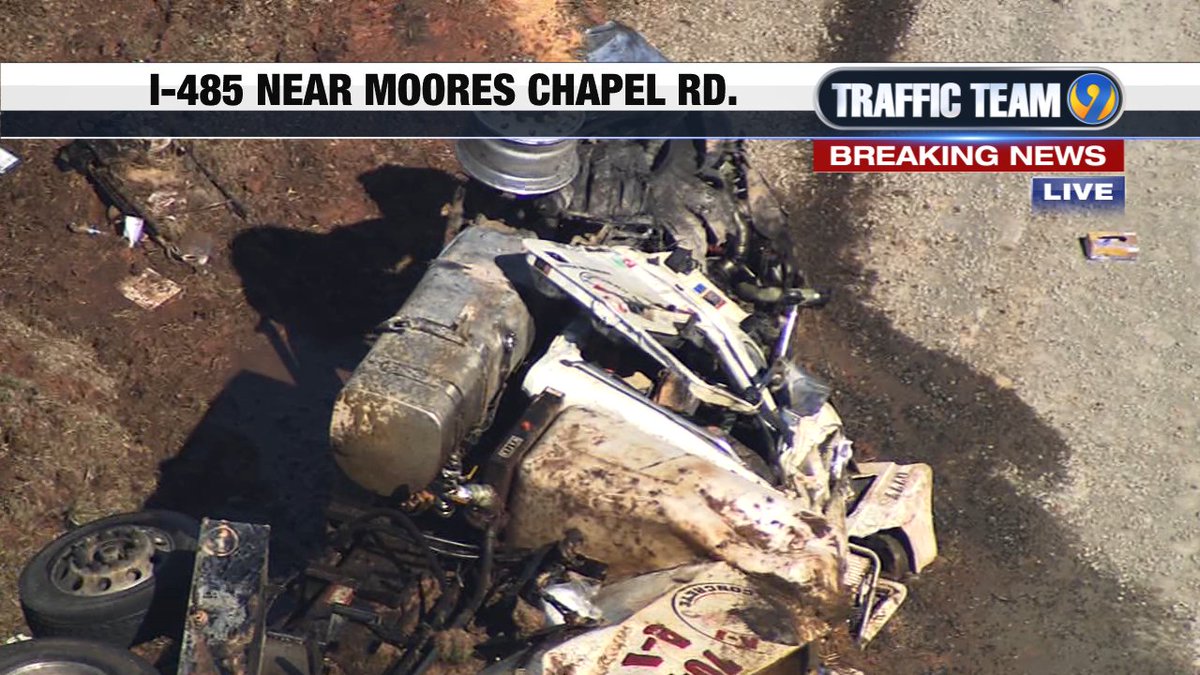 TrafficTeam9's tweet photo. ALERT: IL I-485 is CLOSED near Moores Chapel Rd due to a crash involving an overturned construction truck.  The left OL lane is also BLOCKED.  Avoid!  #clt #clttraffic #cltraffic https://t.co/51DaWC4Jly