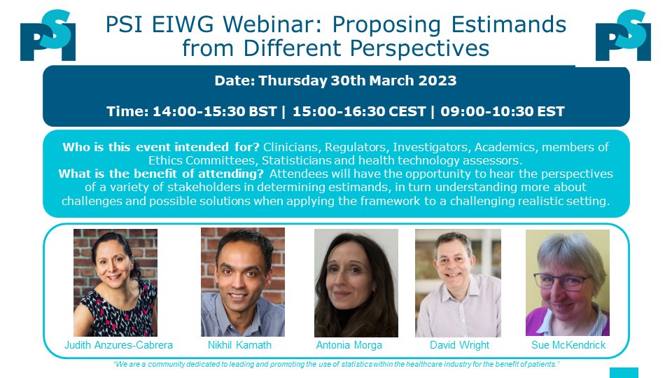 More places have been added for our EIWG Webinar: Proposing Estimands from Different Perspectives!

Date: Thursday 30th March 2023
Time: 14:00-15:30 BST | 15:00-16:30 CEST | 09:00-10:30 EST 

Book your place here: zurl.co/4GzZ 

#estimands #PSICommunity