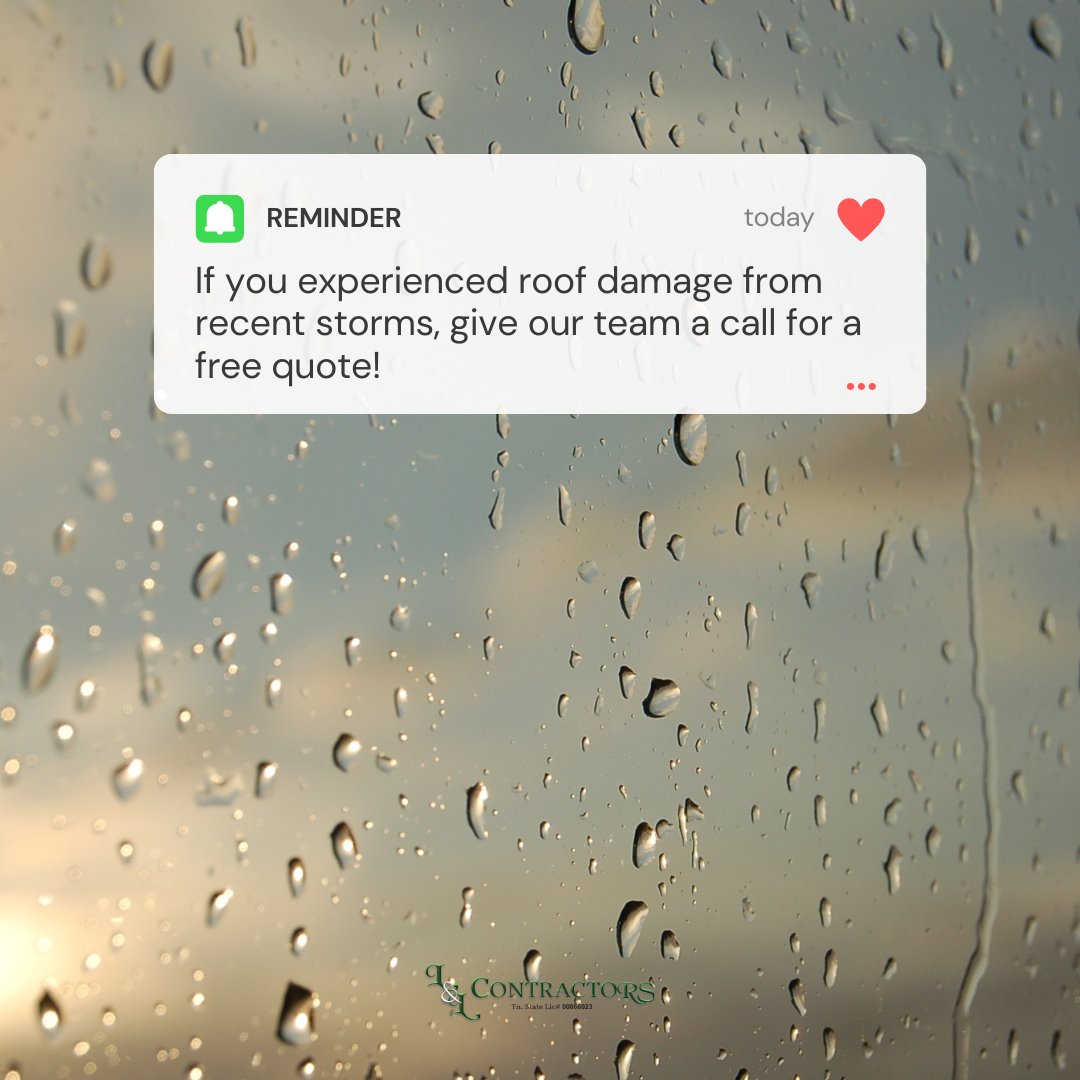 LLContractors's tweet photo. 🔔 Here is your friendly reminder this week that if you or a neighbor have experienced roof damage from recent storms here in Middle TN, give our team a call for a free quote!⛈️ 

☎️ (615) 617-3189 https://t.co/V1DwEtY9Ny