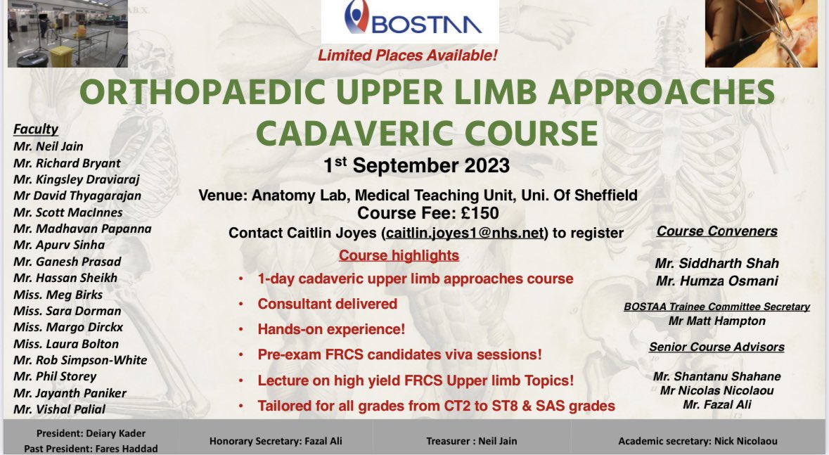 BOSTAA (@bostaa_uk) on Twitter photo Book now for the Upper Limb approaches course. Don’t miss out!! <a href="/DeiaryKader/">Professor Deiary Kader (Medical Doctor)</a> <a href="/HTOsmani/">Humza Tariq Osmani</a> <a href="/SRSorthopedics/">SRS@Siddharth Shah</a> <a href="/drneiljain/">drneiljain</a> <a href="/Hampton_ortho/">Matt Hampton</a> #Upperlimb #FRCSPending #cadavericcourse Book now for the Upper Limb approaches course. Don’t miss out!! <a href="/DeiaryKader/">Professor Deiary Kader (Medical Doctor)</a> <a href="/HTOsmani/">Humza Tariq Osmani</a> <a href="/SRSorthopedics/">SRS@Siddharth Shah</a> <a href="/drneiljain/">drneiljain</a> <a href="/Hampton_ortho/">Matt Hampton</a> #Upperlimb #FRCSPending #cadavericcourse