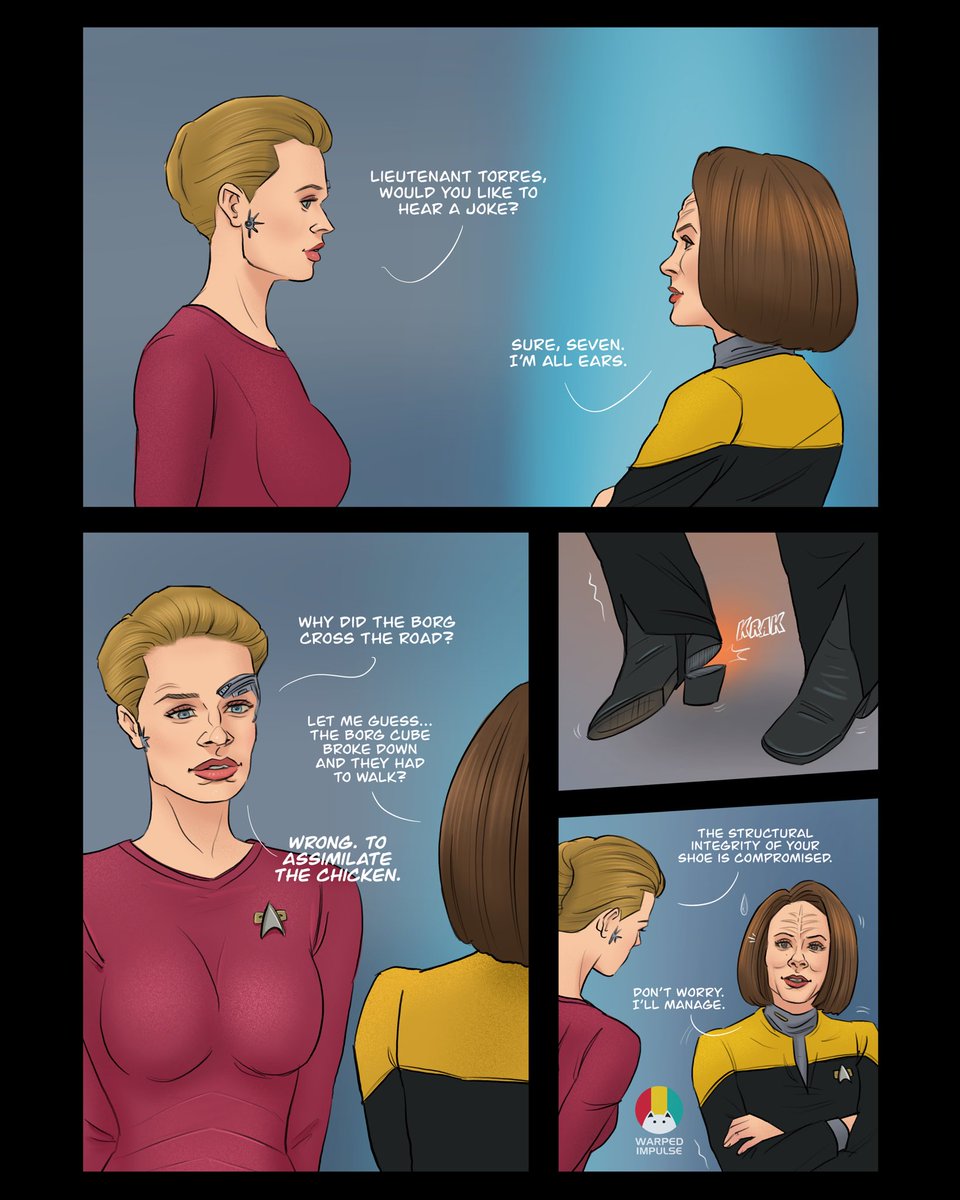 I asked chatGPT to ”write a short joke as if it was told by Seven of Nine from Star Trek Voyager.” I decided to use what it generated for this comic. Fun will now commence 😄7️⃣

#StarTrek #startrekvoyager #startrekvoy #sevenofnine #jeriryan #chatgpt #belannatorres #starfleet