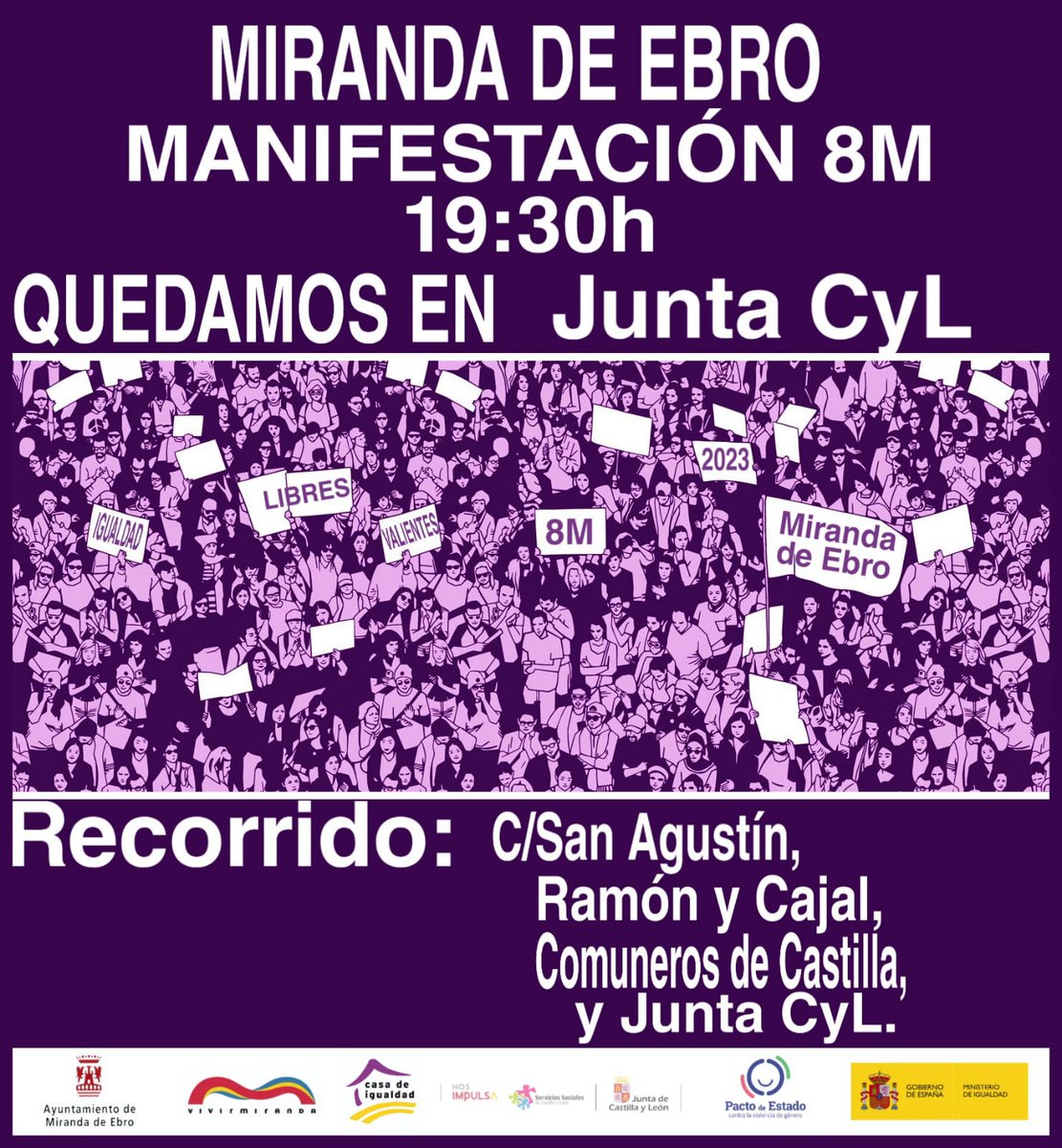 ♀️ *8 de marzo, Día Internacional de las Mujeres* ♀️

🚻 *Forjando el futuro junt@s*
🕚 11 
🏭 Azucarera

📢 *Concentración*
🕜 12:30 
🏫 Plaza de España

👭 *Homenaje a las Escarbilleras*
🕜 13:30 
🚆 Plaza de la Estación 

💪🏼 *Manifestacion*♀️
19:30 
 Junta Castilla y Leon