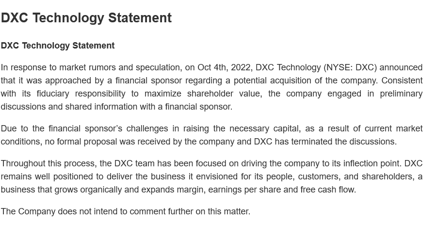 HowieMan1's tweet photo. $DXC Fundamentals falling apart so management claimed someone was trying to acquire them but never provided any details. Now owning up to this fiction. It's amazing these games still go on. Stock should be down 20%. https://t.co/Qx3LNV9Dpu