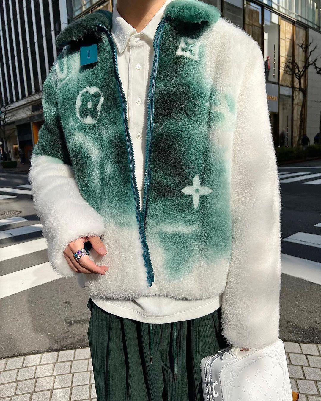 blue louis vuitton fur coat