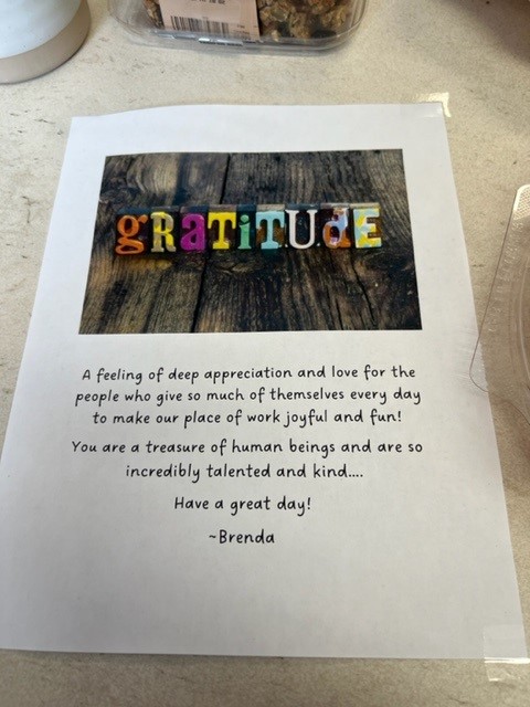 Breakfast and Gratitude! What a wonderful way to start the day and celebrate Employee Appreciation Week!  Thanks to our Executive Director Brenda. #employeeappreciation