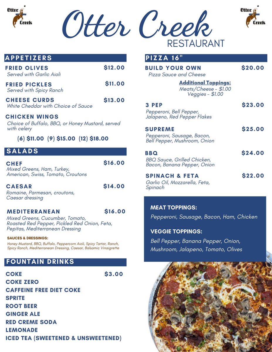 It's Tuesday! You know what that means... 🍕! Here is a look at our Tuesday Night menu, which offers Pizza, Appetizers, and Salads. All two-topping pizzas are at half-price on Tuesdays. This special is available from 4pm - 8pm. See you tonight!