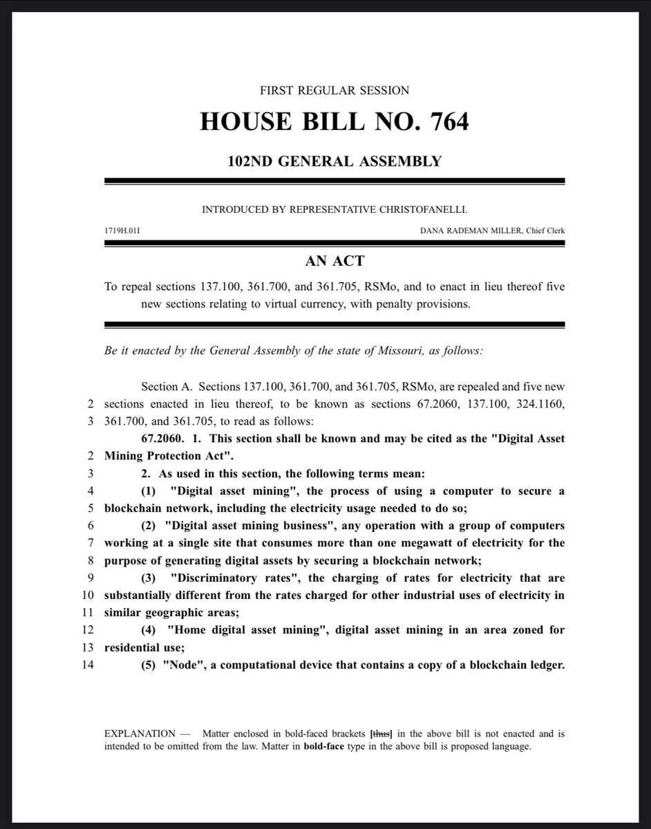 JUST IN: 🇺🇸 Missouri passes bill to protect #Bitcoin and #crypto mining rights.
