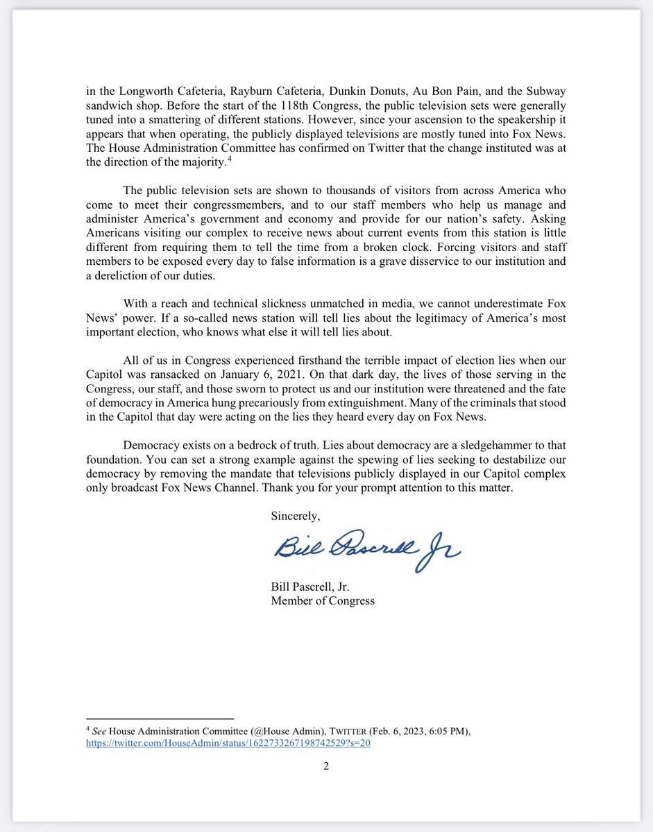 Today I’m calling on Kevin McCarthy to end republicans’ mandate that all publicly displayed TVs in our Capitol be tuned into Fox “news.” Fox’s owner admits fox deliberately lies to its viewers. A station that helped spark Jan 6 should not be forced on visitors to our Capitol.