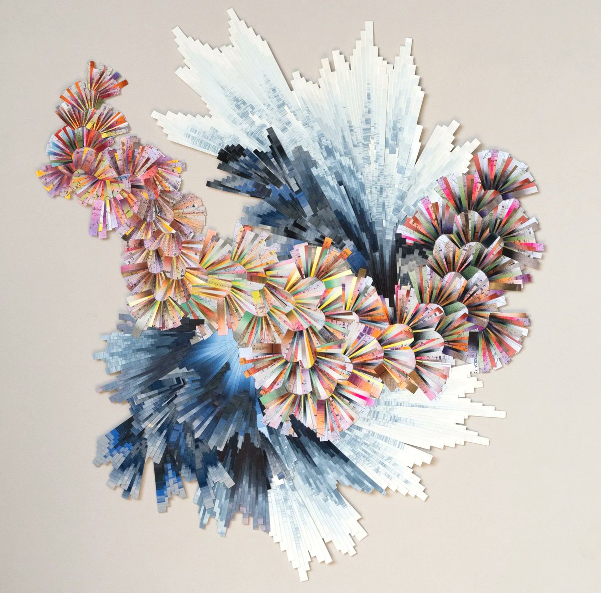 DerekRichardson's tweet photo. Discover Lyndi Sales' stunning paper sculptures that capture life's fragility in vibrant, abstract forms. Based in Cape Town, Sales creates large-scale works using painted paper strips and printed maps that rupture and burst, evoking ice crystals...

https://t.co/FKeIEgZ78K https://t.co/LmOqniwbcg