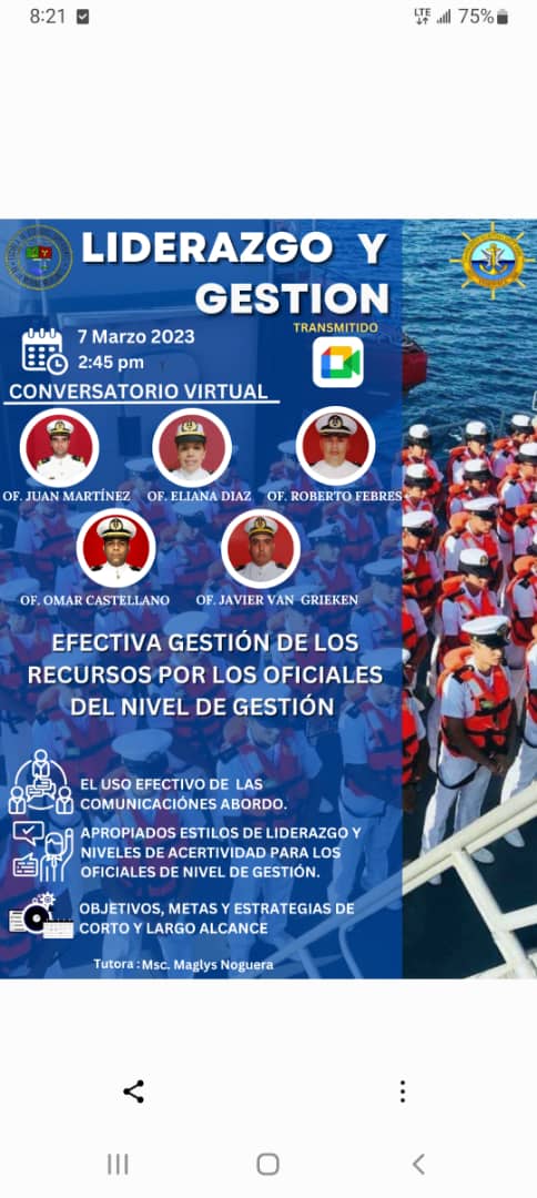 U_Maritima's tweet image. 🗓️#Hoy 7 de #marzo conversatorios #virtuales en el marco: 2023 "Liderazgo Gestión". Organizado por la Escuela de Estudios Superiores de la Marina Mercante bajo la tutoría de la Prof. Msc. Maglys Noguera.  🚢💻🖱️