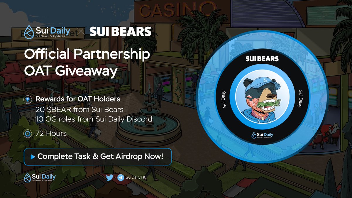 Degen Radar (@degen_radar) on Twitter photo 📢 OFFICIAL PARTNERSHIP OAT GIVEAWAY
@SuiDailyTK x <a href="/SuiOkayBears/">Sui Bears | SOLD OUT</a>
➡️ COMPLETE TASK & GET AIRDROP HERE: galxe.com/SuiDaily/campa…
🎁 Rewards for lucky holders:
1️⃣ 20 $BEAR from Sui Bears
2️⃣ 10 OG roles from Sui Daily
⌚ 72 Hours
#SUI #SUIDAILY #Airdrop 📢 OFFICIAL PARTNERSHIP OAT GIVEAWAY
@SuiDailyTK x <a href="/SuiOkayBears/">Sui Bears | SOLD OUT</a>
➡️ COMPLETE TASK & GET AIRDROP HERE: galxe.com/SuiDaily/campa…
🎁 Rewards for lucky holders:
1️⃣ 20 $BEAR from Sui Bears
2️⃣ 10 OG roles from Sui Daily
⌚ 72 Hours
#SUI #SUIDAILY #Airdrop