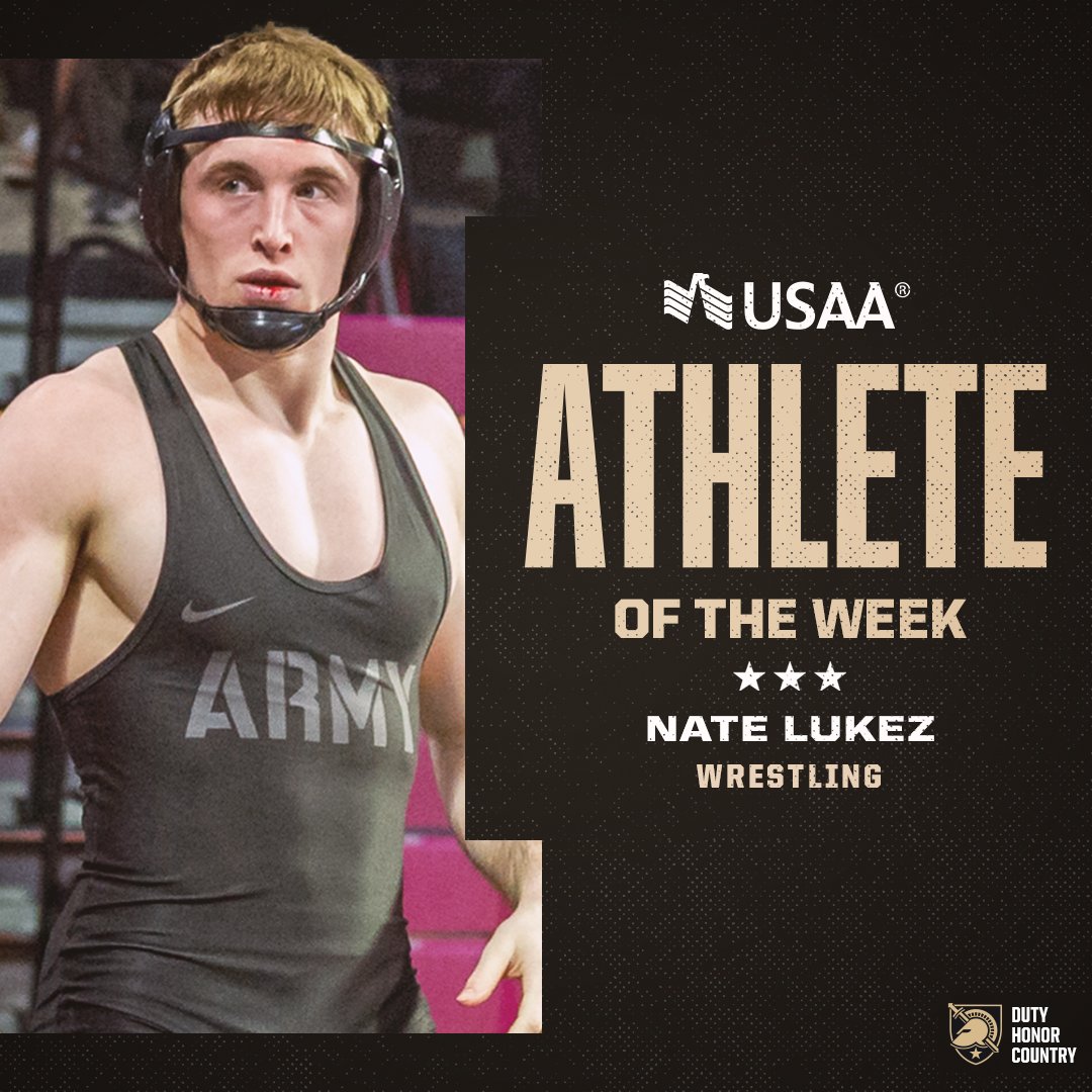 GoArmyWestPoint's tweet photo. Our Athlete of the Week, presented by @USAA, is 
@ArmyWP_Wres's Nate Lukez 👏👏👏

Lukez qualified for NCAA Championships by reaching the semifinals with a 3rd-place finish in his weight class. As the 5th-seed, he defeated the 4th seed from Navy to reach the semifinals. 

#GoArmy https://t.co/8BiSdGrY2x