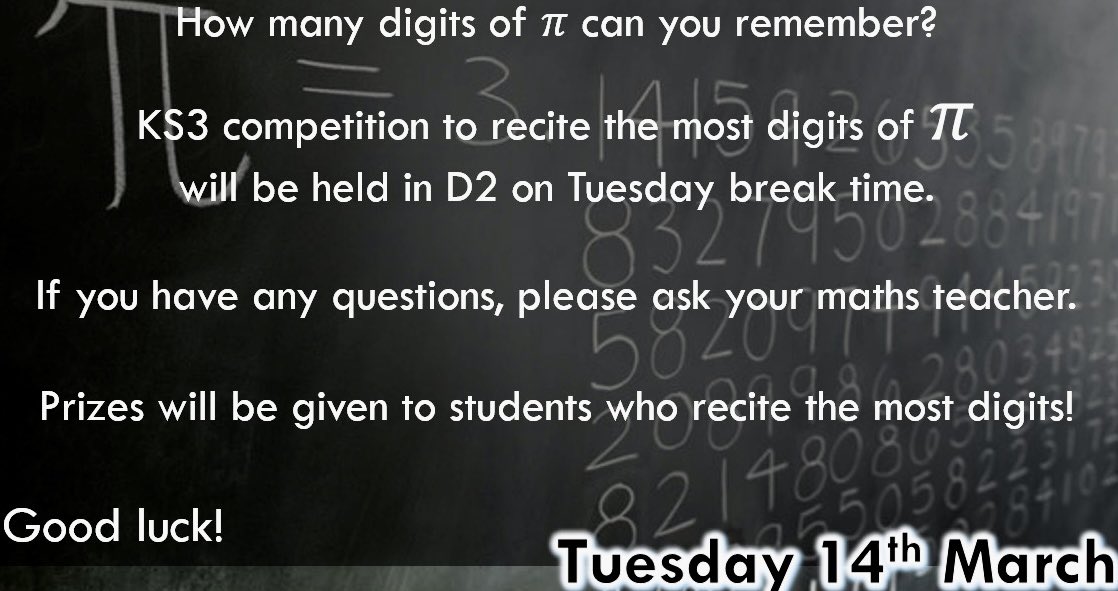 We are challenging our KS3 students to see how many digits of pi they can remember! <a href="/Miss_LDodd/">Miss Dodd</a> is in assemblies delivering more info. This catchy song will help you remember the first 100 digits! youtube.com/watch?v=3HRkKz…
<a href="/_TKASA/">The King Alfred School an Academy</a> <a href="/TKASAMrHarris/">Mr P Harris</a> @TKASAMissB @tkasamrswhiteoa