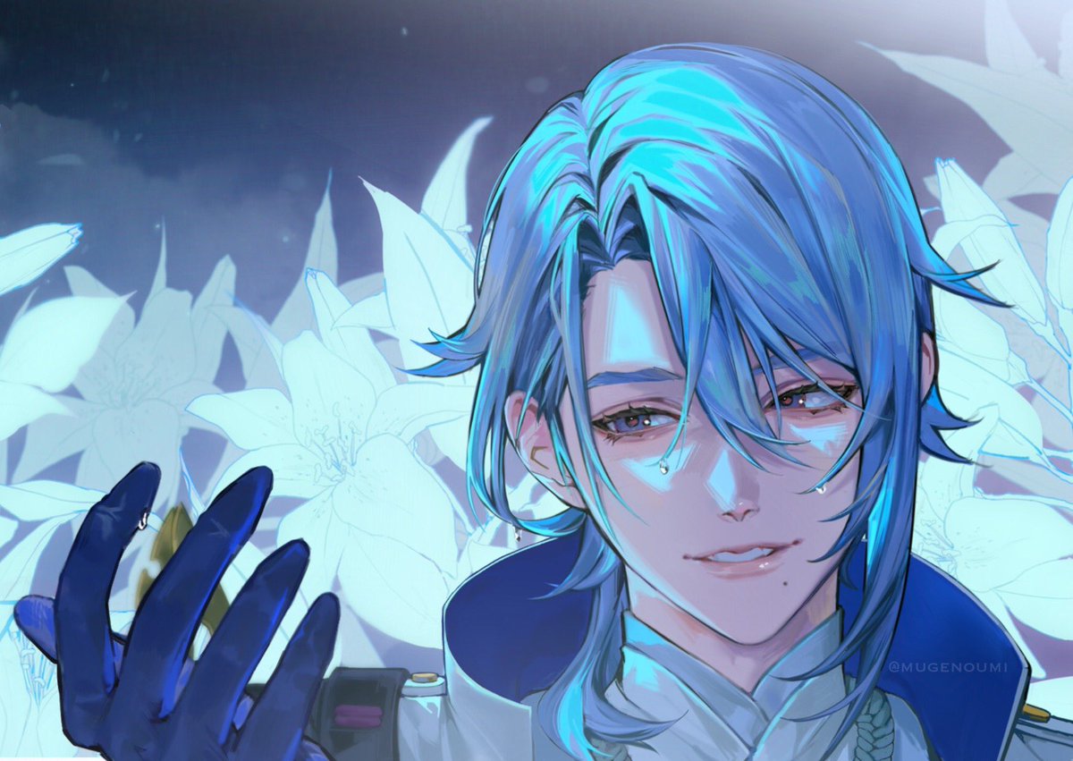 kamisato ayato 1boy mole under mouth mole male focus flower blue hair gloves  illustration images