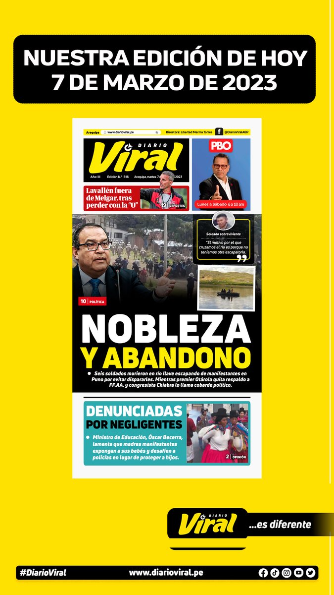 DiarioViral1's tweet photo. 🇵🇪 Buenos días☕ 🗞️🤝🏼🟡⚫
Diario Viral
Edición 7 de marzo 2023
Compartimos contigo nuestra portada
Lee nuestra edición digital 👇👇👇
https://t.co/0OYLDhNj4M
#Puno
#Ejército
#Otárola
#Lavallén
#FBCMelgar https://t.co/p5huFkMl4a