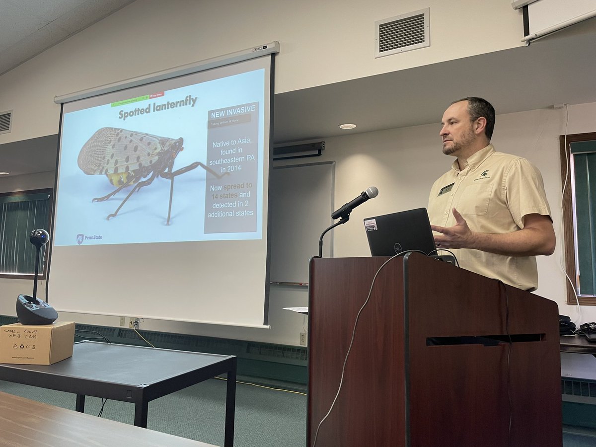 At the MI spring peach meeting today! Learning about all kinds of topics from frost protection for buds with nano particles to disease management to ID info about Spotted lanternfly 🍑
