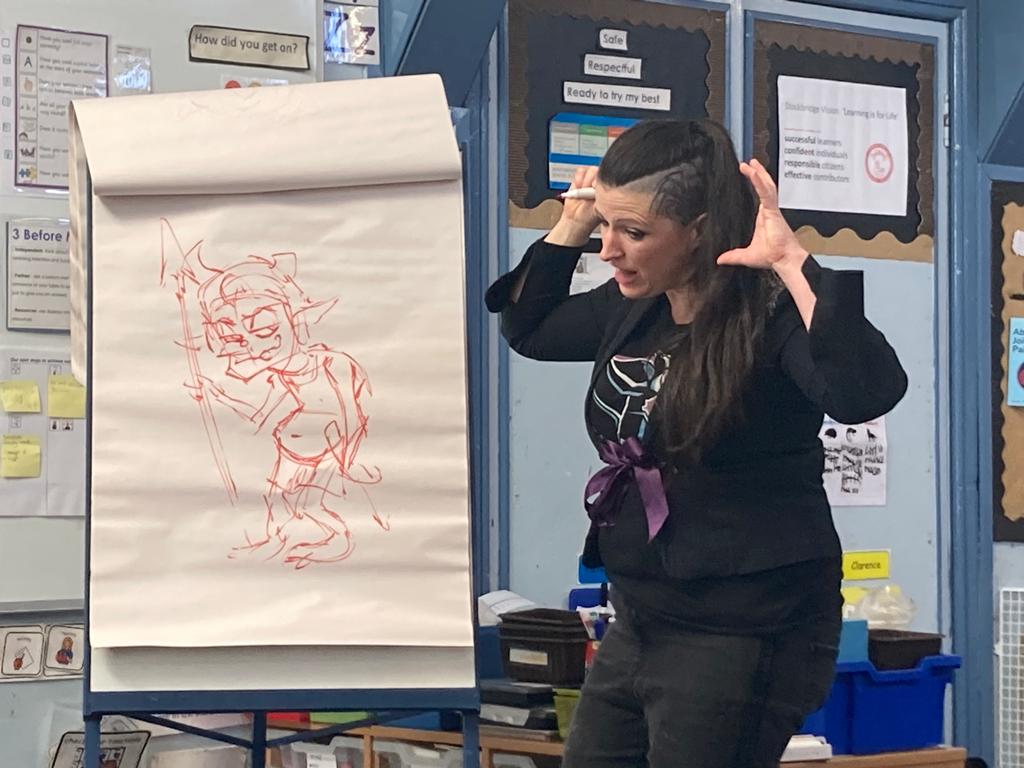 stockps_parents's tweet photo. A fantastic visit this morning to our P1-P3 classes from comic-book artist Tanya Roberts @Abeyance_artist. Tanya drew pupils' requests ranging from Spider-Man and Darth Vader to a tarantula and Mary, Queen of Scots! Thanks for the inspiration, Tanya! https://t.co/BMCGYhYNL7