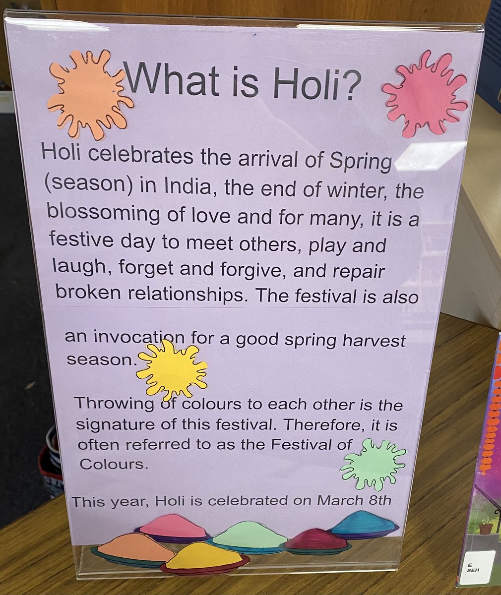 TOM_Library's tweet photo. Holi is on March 8th! Happy Holi to those who celebrate.
@TomThomsonPS #libraryactivity #Holi2023 https://t.co/hYxMOEjnIQ