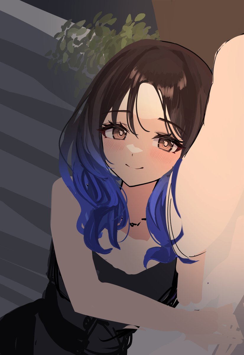 1girl smile dress black dress blue hair blush brown eyes  illustration images