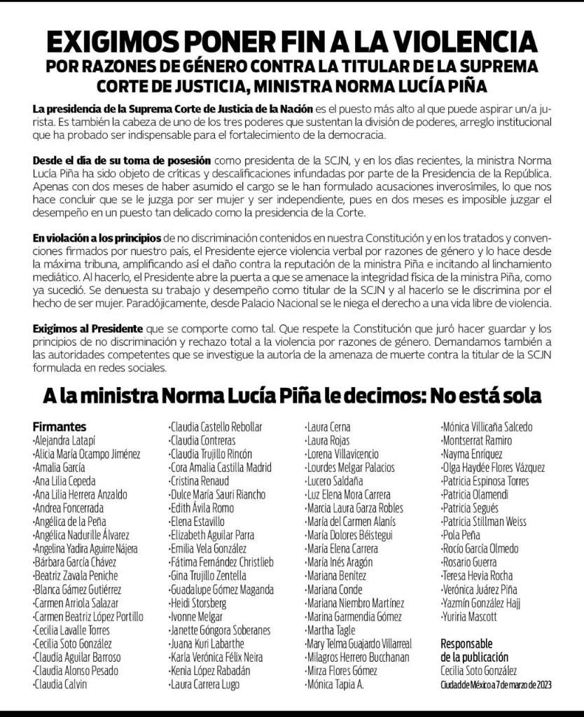 Kenia López Rabadán (@kenialopezr) on Twitter photo 2023-03-07 16:32:47 Aquí 74 mujeres respaldamos a la Ministra Norma Piña y le decimos: NO ESTÁ SOLA @lopezobrador_ debe parar su violencia en contra de la Ministra. Si estás de acuerdo, escribe tu nombre o da retuit 🤜🏼🤛🏼 Aquí 74 mujeres respaldamos a la Ministra Norma Piña y le decimos: NO ESTÁ SOLA @lopezobrador_ debe parar su violencia en contra de la Ministra. Si estás de acuerdo, escribe tu nombre o da retuit 🤜🏼🤛🏼