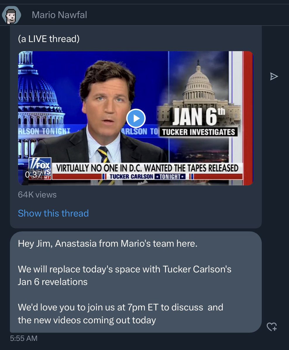 jimstewartson's tweet photo. I have been invited to Elmo’s Twitter Spaces psyop to “discuss the new videos coming out today” from #FishstickNazi @TuckerCarlson after feckless traitor @SpeakerMcCarthy gave him security footage to generate fascist propaganda.
@MarioNawfal, here’s your answer. 🖕 https://t.co/9a9kJbvKL2