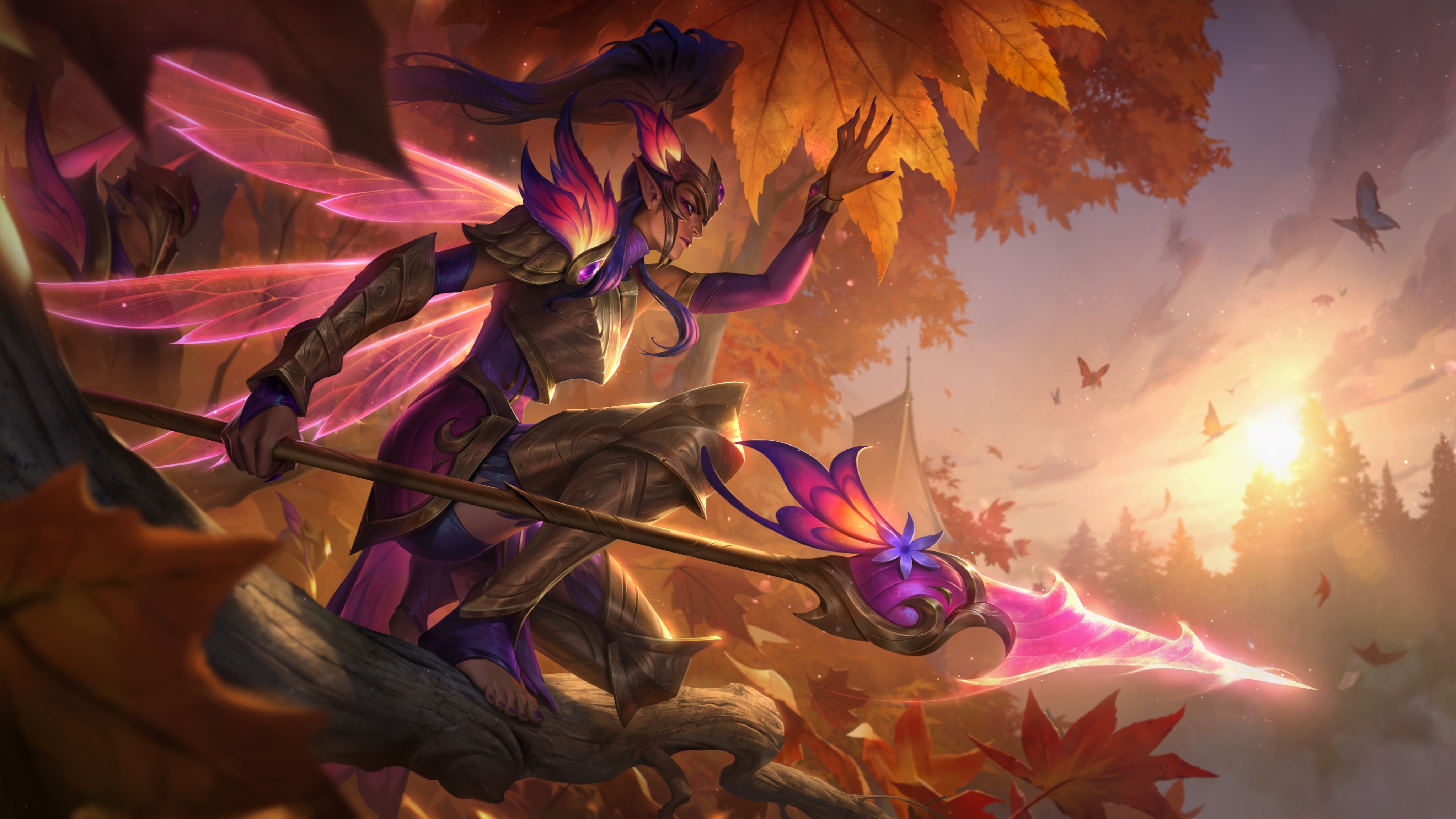 Kalista is perched on a branch, holding her spear at the ready. She peers out from beneath an orange leaf.